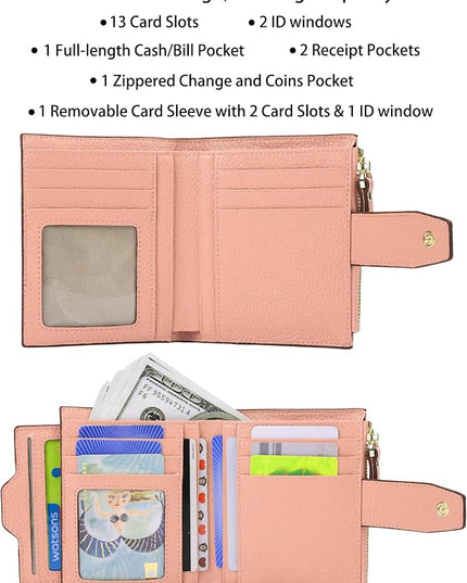AINIMOER Women's RFID Blocking Leather Small Compact Bi-fold Zipper Pocket Wallet Card Case Purse with id Window