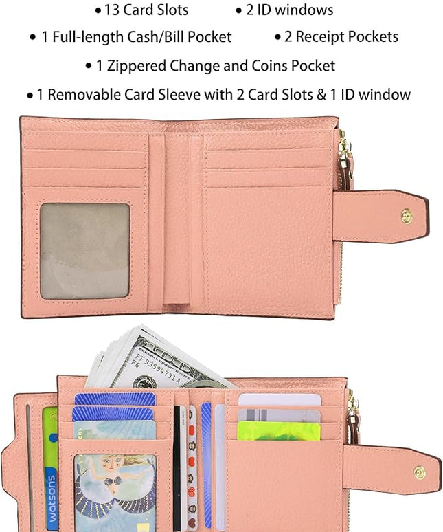 AINIMOER Women's RFID Blocking Leather Small Compact Bi-fold Zipper Pocket Wallet Card Case Purse with id Window