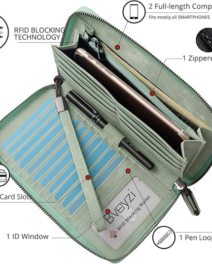 Bveyzi Women RFID Blocking Wallet Leather Zip Around Phone Clutch Large Capacity Ladies Travel Purse Wristlet | RFID Blocking, Zip Around, Large Capacity