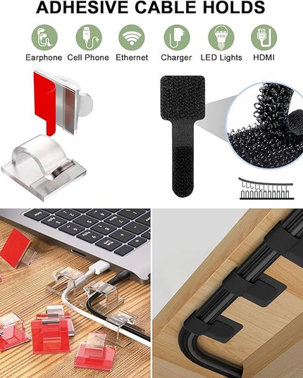 48Pcs Cord Organizer Kit, Reusable Silicone Cable Ties, Strong Adhesive Cable Clips for Cable Management, Multipurpose Wire Management for Bundling and Fastening Various Wires (Black, White)