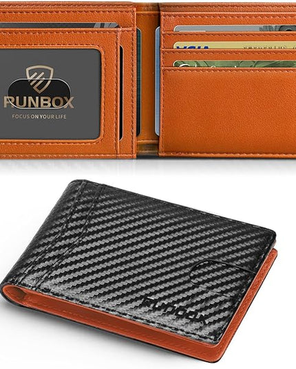 RUNBOX Wallet for Men Slim Leather Bifold RFID Blocking Minimalist Front Pocket Design with Gift Box