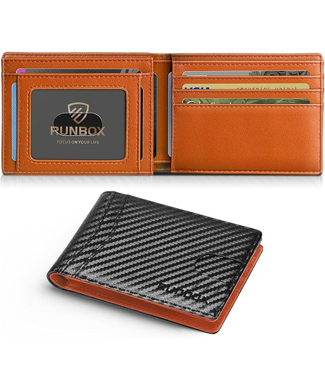 RUNBOX Wallet for Men Slim Leather Bifold RFID Blocking Minimalist Front Pocket Design with Gift Box