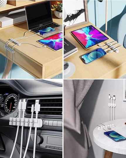 SOULWIT Upgraded Cable Holder, Cable Management Cord Organizer Clips Silicone Self Adhesive for Desktop USB Charging Cable Power Cord Bedside Wire PC Office Home (3/5/7 slot,White)