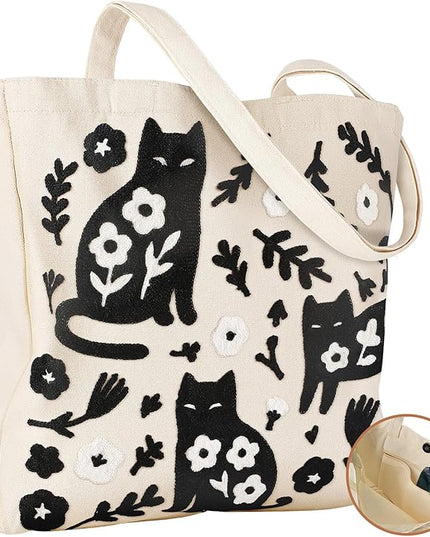 Embroidery Canvas Tote Bag for Women - Reusable Totes with Pocket & Buckle Aesthetic Cute Grocery Shoulder Bag