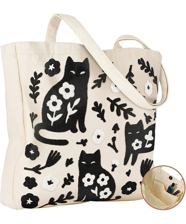 Embroidery Canvas Tote Bag for Women - Reusable Totes with Pocket & Buckle Aesthetic Cute Grocery Shoulder Bag