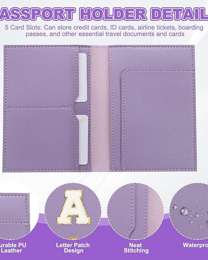 PATIKIL Passport Holder for Travel, Initial Passport Cover and Luggage Tag Set with Alphabet Chenille Letter Patch Travel Wallet Bag Suitcase Identifier for Women Family Travel Purple A