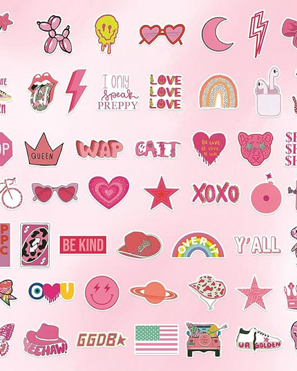100 Pcs Preppy Stickers Vinyl Pink Aesthetic Waterproof Sticker Decor Party Supplies Suitable for Laptop Mobile Phone Computer Skateboard Water Bottle Suitcase Car