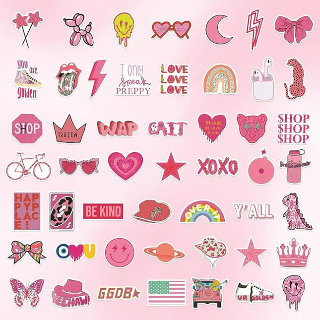 100 Pcs Preppy Stickers Vinyl Pink Aesthetic Waterproof Sticker Decor Party Supplies Suitable for Laptop Mobile Phone Computer Skateboard Water Bottle Suitcase Car