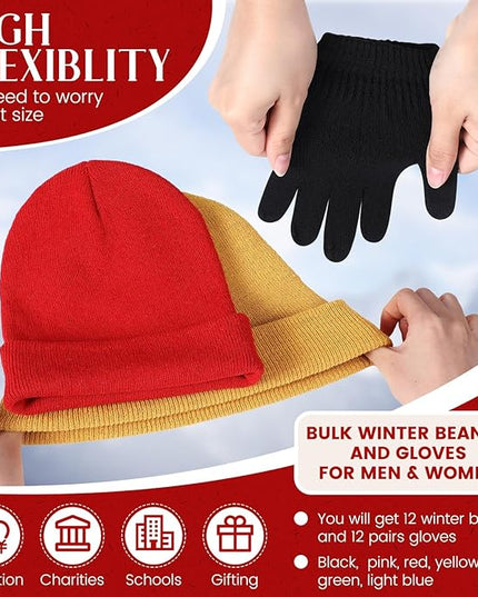 24 Pack Winter Beanies Gloves Cold Weather Unisex Hat Warm Knit Gloves Beanies in Bulk for Men Women, Warm Cozy Gift