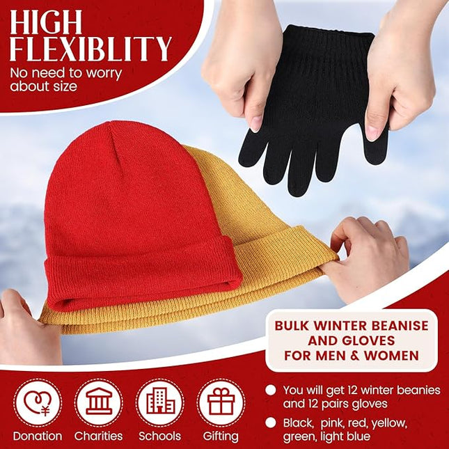 24 Pack Winter Beanies Gloves Cold Weather Unisex Hat Warm Knit Gloves Beanies in Bulk for Men Women, Warm Cozy Gift