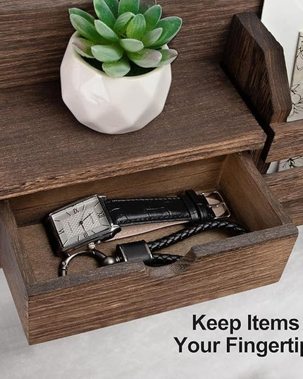 Lwenki Wall Mount Key Holder with Mail Organizer, 100% Paulownia Wood, 7 Metal Hooks, Storage Drawer, Entryway Home Decor (Brown)