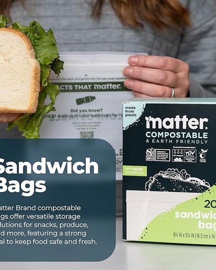 Matter Compostable Sandwich Bags for Food Storage, Eco-Friendly, Resealable, 200 Count