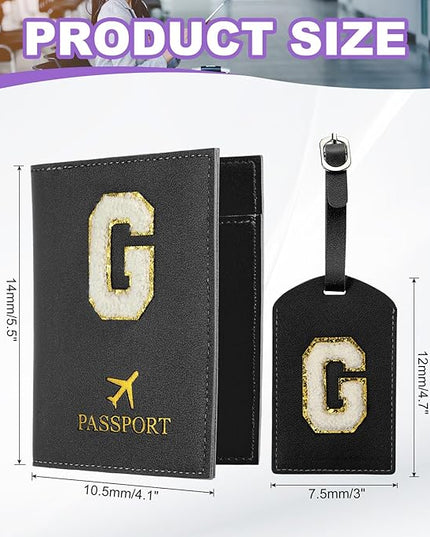 PATIKIL Passport Holder for Travel, Initial Passport Cover and Luggage Tag Set with Alphabet Chenille Letter Patch Travel Wallet Bag Suitcase Identifier for Women Family Travel Black G