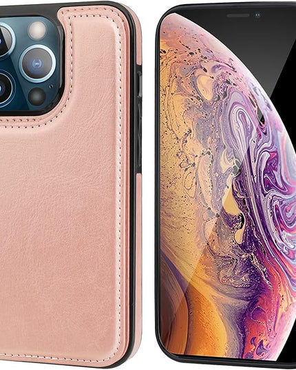 ONETOP Compatible with iPhone 13 Pro Max Wallet Case with Card Holder,PU Leather Kickstand Card Slots Case, Double Magnetic Clasp and Durable Shockproof Cover 6.7 Inch(Rose Gold)