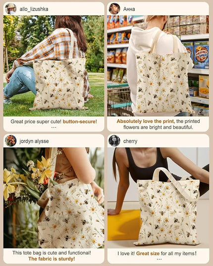 Canvas Tote Bag with Pockets - Aesthetic Reusable Totes for Women Ladies Cute Printed Cloths Canvas Shoulder Bag