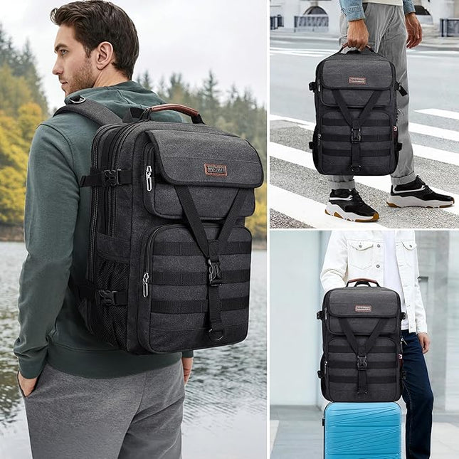 WITZMAN Travel Backpack for Men Large Canvas Laptop Backpack Fit 16 inch Carry on TSA Friendly Flight Approved Vintage Rucksack for Traveling(A8012 Black)