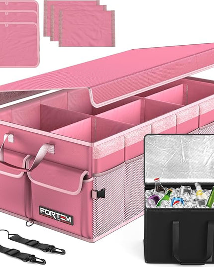 FORTEM Trunk Organizer with Cooler For SUV Car Trunk, Foldable Storage, Car Accessories for Women Men, Collapsible Bag, Perfect Christmas Gifts, 600D Oxford, Non Slip Bottom, Straps, Soft Cover (105L)