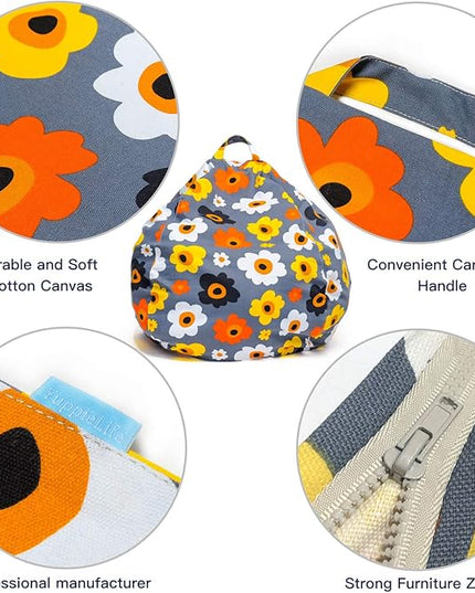 YuppieLife Kids Storage Bean Bag Cover（No Filling）Toy Organizer|Carrying Handle Sofa|Available for Kids and Teenager|Cuddle Chair|Machine Washable and Durable（27“,Grey Flora）