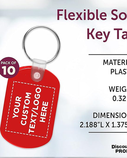 DISCOUNT PROMOS Tag Soft Plastic Keychains - 10 pack - Customizable Text, Logo - Small Key Tag Chain For Staying Organized - Rubber Key Ring Keychain – Red