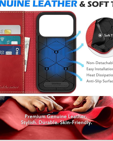 SHIELDON Genuine Leather Case Wallet for iPhone 17 Pro 6.3-inch 2025 | Book Design | Magnetic | Kickstand | RFID Blocking Credit Card Holder | Soft Shockproof Phone Cover | Retro Red