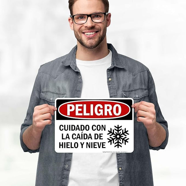 Danger Watch for Falling Ice and Snow Bilingual Sign, 10x7 Inches, 4 Mil Vinyl Decal Stickers Weather Resistant, Made in USA by My Sign Center
