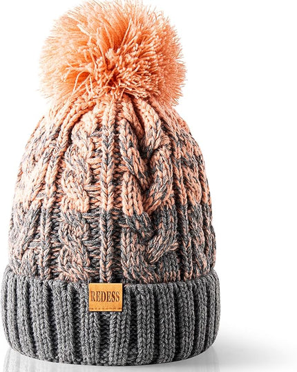 REDESS Women Winter Pompom Beanie Hat with Warm Fleece Lined, Thick Slouchy Snow Knit Skull Ski Cap