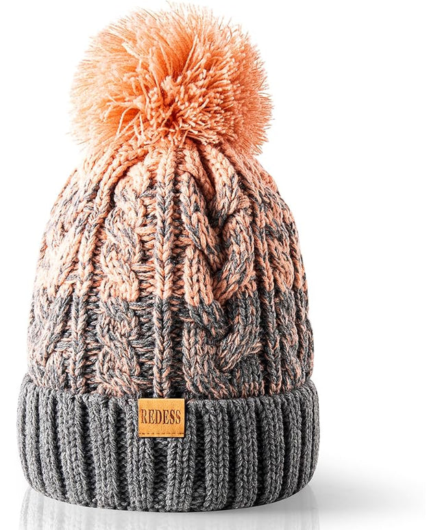 REDESS Women Winter Pompom Beanie Hat with Warm Fleece Lined, Thick Slouchy Snow Knit Skull Ski Cap