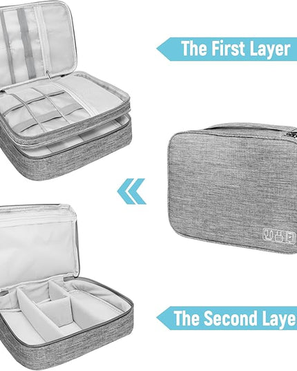 Electronics Travel Organizer,Large Double Layer Portable Waterproof Travel Organizer Bag for Charging Cable Storage,Ipad,Power Bank,Hard Drive etc,for Travel,Business,5pcs Cable Ties-Grey