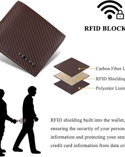VISOUL Mens Carbon Fiber Leather Bifold Wallet with 2 ID Windows, RFID Blocking Stylish Wallet for Men with 2 Cash Compartments (Brown+Brown)