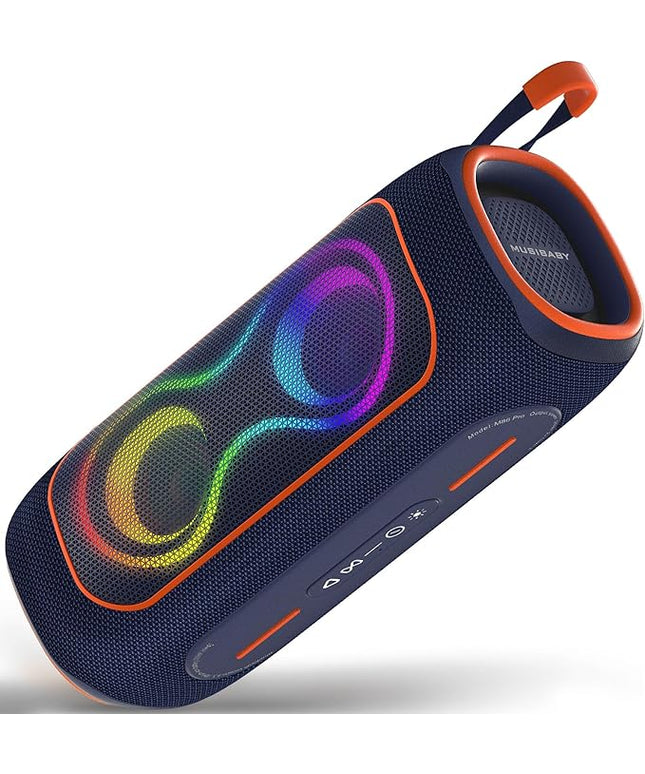 MusiBaby Portable Bluetooth Speakers with Lights, 80W Loud Outdoor Wireless Speaker with Stereo Sound, IPX5 Waterproof, 24H Playtime, BT 5.3, FM, for Home/Travel/Praty Valentines Gifts (Blue)