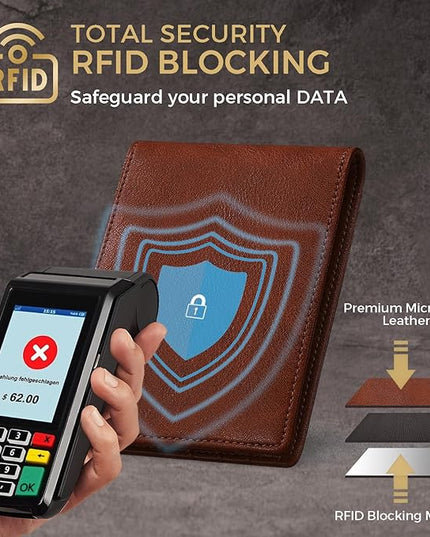 RUNBOX Wallet for Men Bifold RFID Blocking Wallets with 2 ID Window 14 Card Holders 1 cash pocket 1 Gift Box