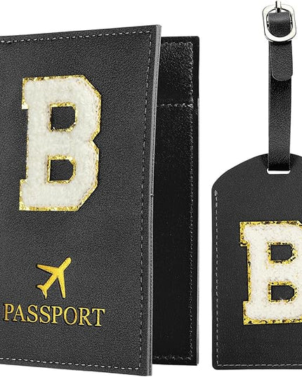 PATIKIL Passport Holder for Travel, Initial Passport Cover and Luggage Tag Set with Alphabet Chenille Letter Patch Travel Wallet Bag Suitcase Identifier for Women Family Travel Black B