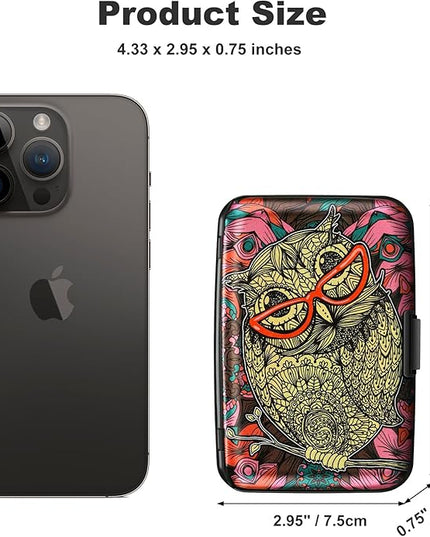 ELFISH Mini RFID Aluminum Wallet Credit Cards Holder Business Card Case Metal ID Case for Men Women(Cute Owl)