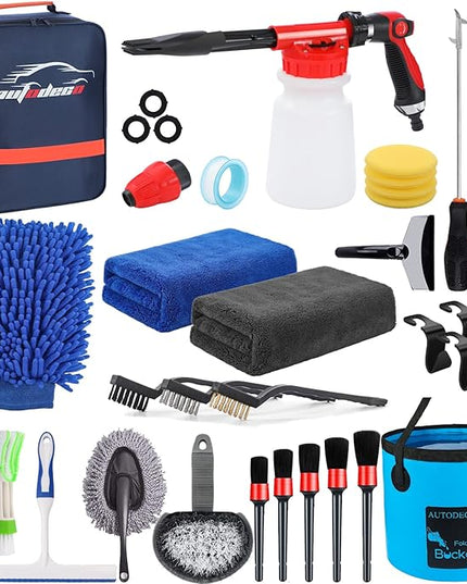 AUTODECO 35Pcs Car Wash Detailing Kit Cleaning Kits with Foam Gun Sprayer Collapsible Bucket Brush Large Wash Mitt Towels Complete Interior Exterior Car Washing Supply Set Blue