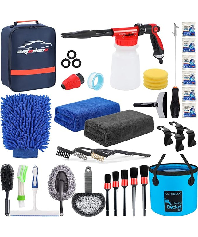 AUTODECO 35Pcs Car Wash Detailing Kit Cleaning Kits with Foam Gun Sprayer Collapsible Bucket Brush Large Wash Mitt Towels Complete Interior Exterior Car Washing Supply Set Blue