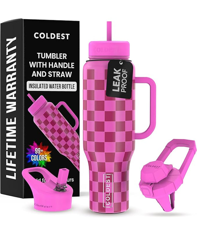 Coldest Tumbler with Handle and Straw, 100% Leak Proof Insulated Tumbler with Lid and Straw (3 Lids), Stainless Steel Tumblers for Women & Men, Cup Holder Friendly, 46 oz (Purple Checkers)