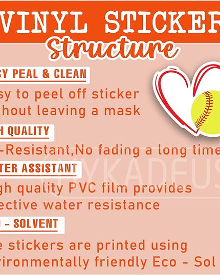 (3Pcs) Softball Stickers Waterproof Vinyl Softball Heart Decals for Water Bottle, Tumbler, Laptop, Phone Case, Poster Board, Scrapbooking, Team Players, Coach, 3" x 2.8"