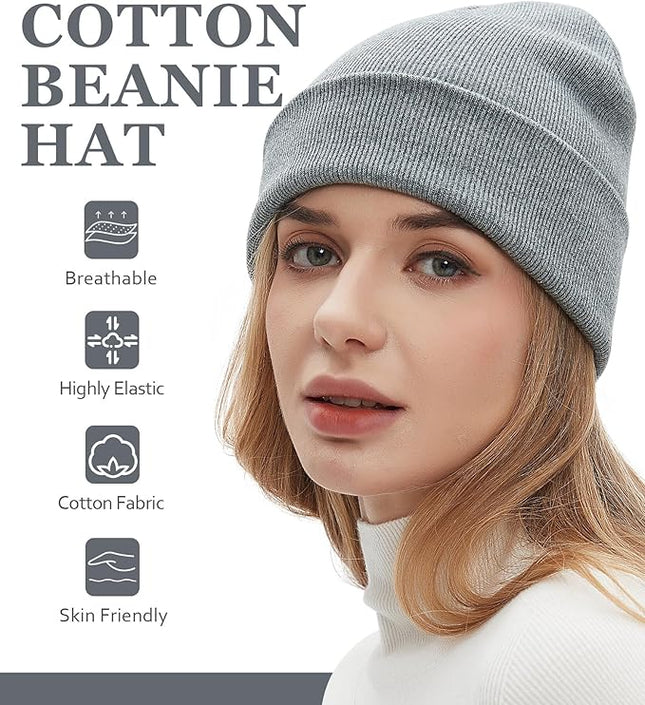 100% Cotton Beanies for Men Women Cotton Hats Soft Warm Unisex Cuffed Plain Skull Hat Autumn Winter Slouchy Knitted Cap