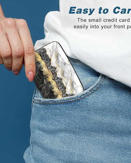 Atufsuat Credit Card Holder, Mini Aluminum Card Wallet RFID Blocking Slim Metal Hard Card Case for Women Men, Black Gold Marble