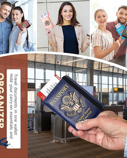 2 Pcs Passport Holder for Travel Card Slot Combo RFID Blocking Leather Family Passport Wallet Travel Accessories for Men Women (Blue and black)