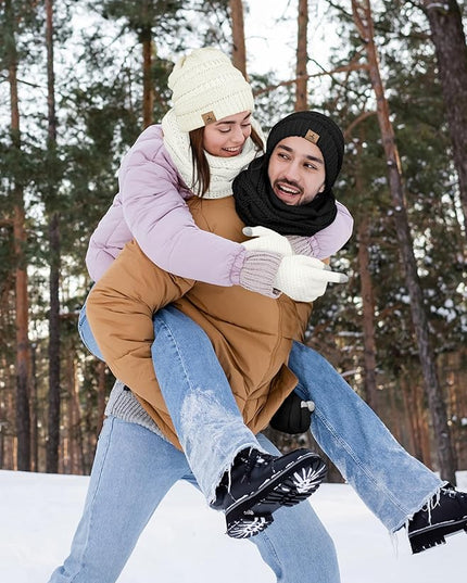 Winter Beanie Hat Scarf Gloves, Warm Fleece Knit Hats Touch Screen Gloves Neck Scarf Set Winter Gifts for Unisex Adult