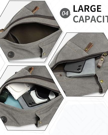 Vintage Canvas Sling Bag with Genuine Leather Zipper, 3 in 1 Crossbody, Backpack, and Chest Bag, for Travel, Hiking, 16x10x6 Inches, Gray