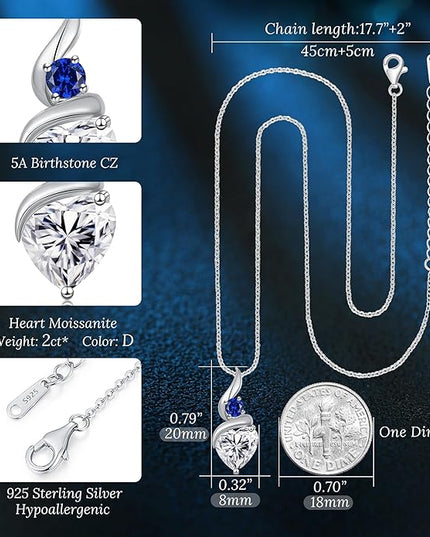 ANDSO Moissanite Heart Pendant Necklaces for Women, 925 Sterling Silver Necklace with Birthstone, Ideal Anniversary Present or Birthday Christmas Valentine Jewelry Gifts for Mom Wife Her Girlfriend