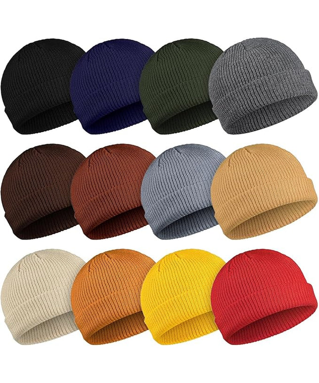 Geyoga 12 Pcs Trawler Beanie Hats for Men Fisherman Roll up Short Cuff Knit Beanie Bulk Winter Watch Cap for Men Women