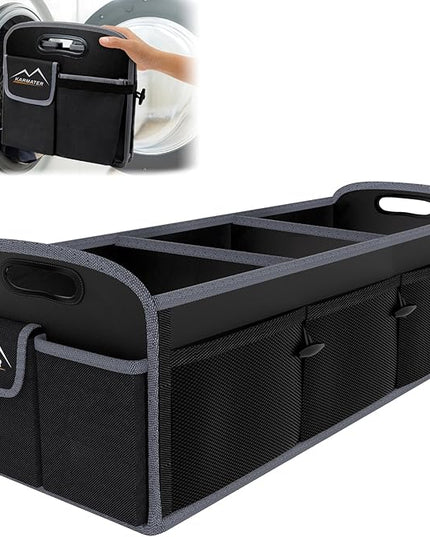 M KARMATER Car Trunk Organizer,Machine Washable PP Materials 3 Compartments Car Storage,95L Waterproof Polyester Cars Accessories Organizer and 6 Pockets, Suitable for SUV, Minivan, Truck(Black)
