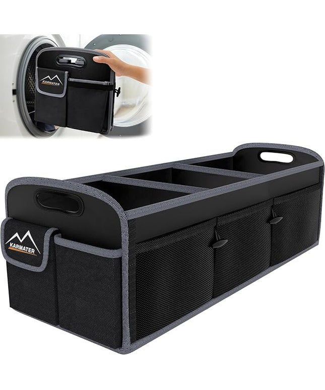 M KARMATER Car Trunk Organizer,Machine Washable PP Materials 3 Compartments Car Storage,95L Waterproof Polyester Cars Accessories Organizer and 6 Pockets, Suitable for SUV, Minivan, Truck(Black)