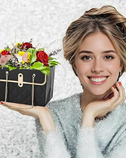 JHXTZ 10 Pack Flower Paper Gift Bags with 12pcs Rose Gold 3D Butterfly Decoration, Portable Floral Handbag Box with Metal Chain, Florist Carrier for Valentine's Day Birthday Gifts (Black)