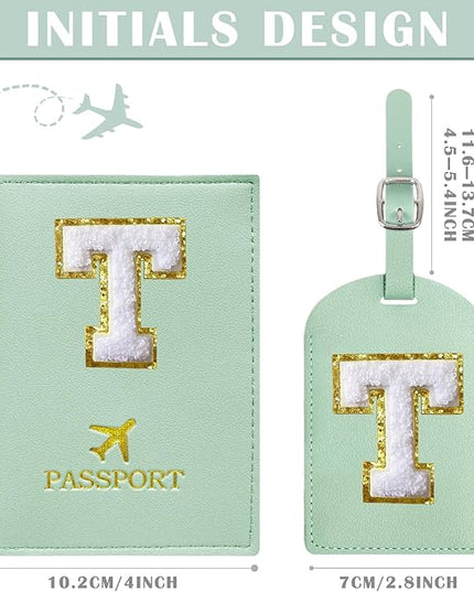 COSHAYSOO Green Passport Cover Holder and Initial Luggage Tag Set TSA Approved with Chenille Letter Patch for Women Teen Girls Couples, Preppy Travel Bag Suitcase Identifier (T)