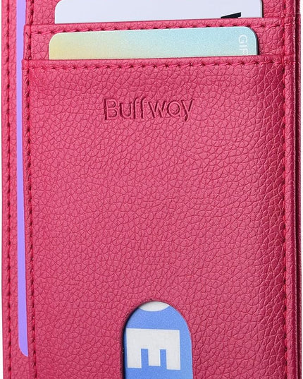 Buffway Slim Minimalist Front Pocket RFID Blocking Leather Wallets for Men and Women - Lichee Red