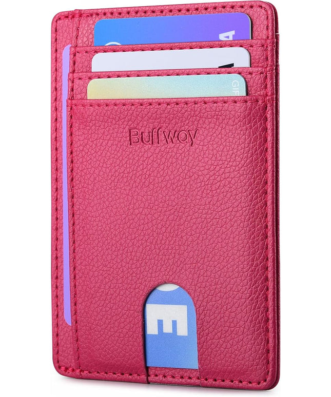 Buffway Slim Minimalist Front Pocket RFID Blocking Leather Wallets for Men and Women - Lichee Red